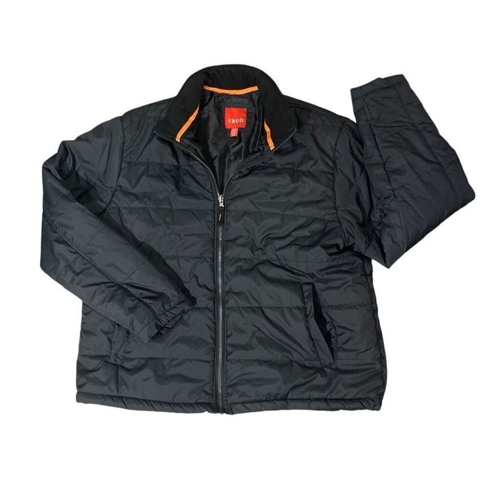 Izod Mens Size XXL Quilted Puffer Jacket Coat Black Full Zip Front Pockets